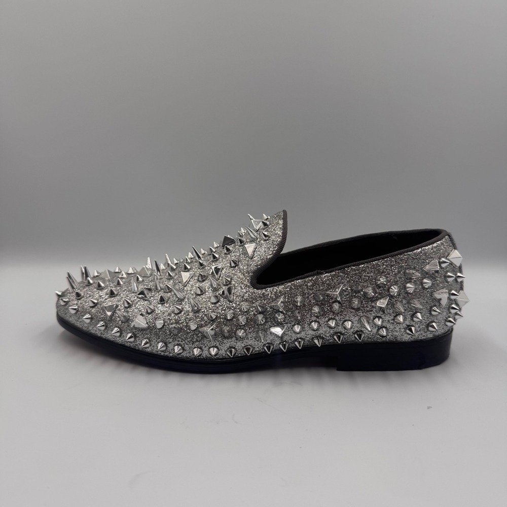 ROYAL SHOES Mens Silver Glitter Spiked Studded Loafer – Size 8 US – Red Bottom